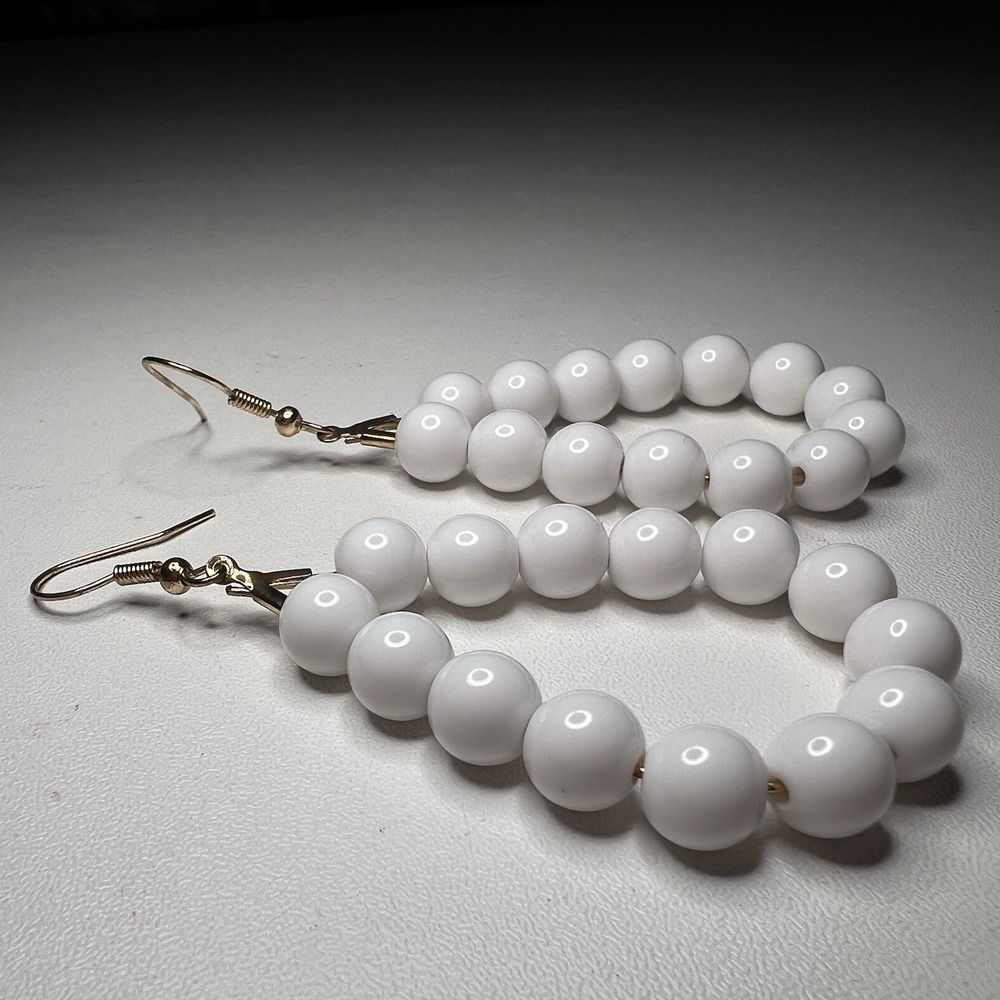 Vintage Polished White Acrylic or Lucite Beaded Loop Gold-Tone Hook Earrings